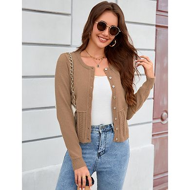 Women's Short Cable Knit Cardigan Round Neck Button Front Sweater for Fall and Winter Outfits