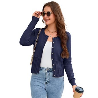 Women's Short Cable Knit Cardigan Round Neck Button Front Sweater for Fall and Winter Outfits