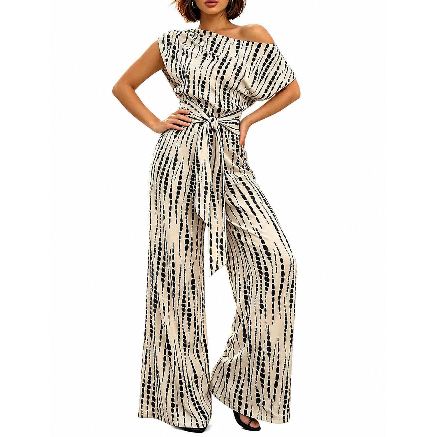 Женские комбинезоны Off-Shoulder Wide-Leg Jumpsuit Belted Short Sleeve Printed Casual Party Romper