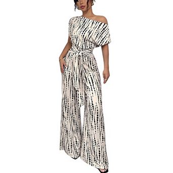 Women's Off-Shoulder Wide-Leg Jumpsuit Belted Short Sleeve Printed Casual Party Romper