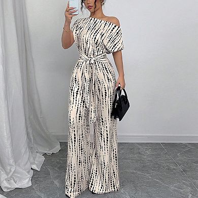 Women's Off-Shoulder Wide-Leg Jumpsuit Belted Short Sleeve Printed Casual Party Romper