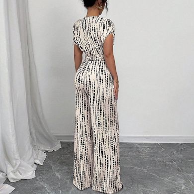 Women's Off-Shoulder Wide-Leg Jumpsuit Belted Short Sleeve Printed Casual Party Romper