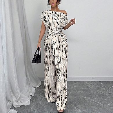 Women's Off-Shoulder Wide-Leg Jumpsuit Belted Short Sleeve Printed Casual Party Romper
