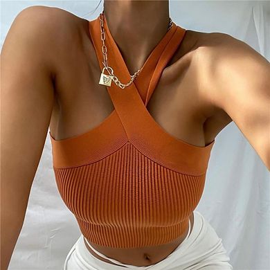 Women's Halter Neck Crisscross Knit Crop Top, Sleeveless Ribbed Knit Camisole with Backless Design