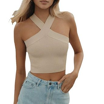 Women's Halter Neck Crisscross Knit Crop Top, Sleeveless Ribbed Knit Camisole with Backless Design
