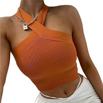 Women's Halter Neck Crisscross Knit Crop Top, Sleeveless Ribbed Knit Camisole with Backless Design