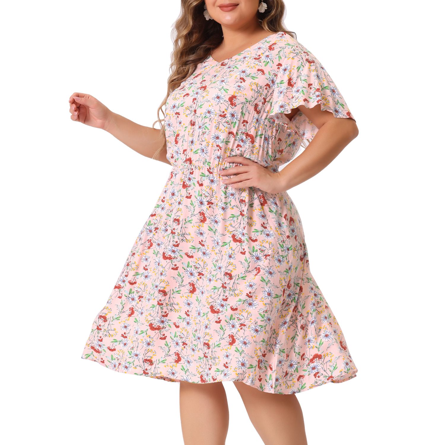 Женские платья Plus Size Dress Ruffle Short Sleeve Floral Midi Dresses