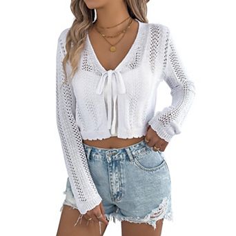 Women's Cropped Lace-Knit Cardigan Tie Front Long Sleeve Casual Lightweight Sweater