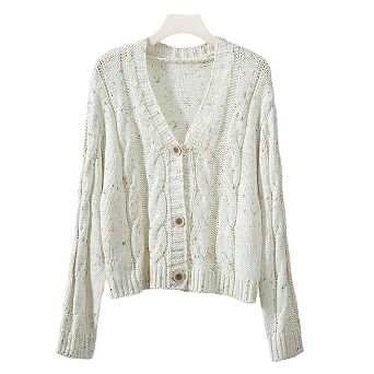 Women's Speckled Cable Knit Cardigan V-Neck Button-Down Knitted Sweater