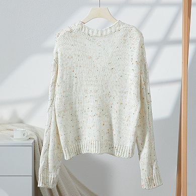 Women's Speckled Cable Knit Cardigan V-Neck Button-Down Knitted Sweater