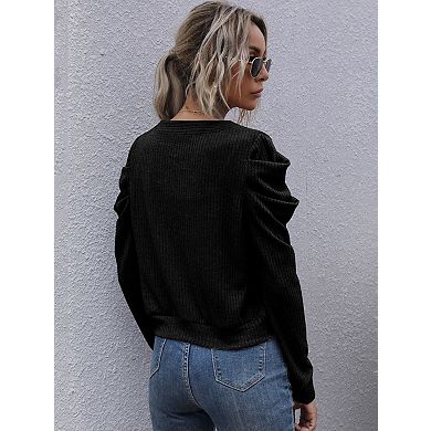 Women's Ribbed Cardigan Puff Sleeves V-Neck Button-Front Cropped Knit Sweater