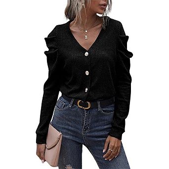 Women's Ribbed Cardigan Puff Sleeves V-Neck Button-Front Cropped Knit Sweater