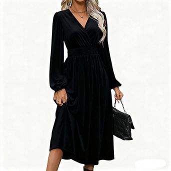 Women's Fall Casual Long Sleeve Wrap V-Neck Maxi Dress Smocked High Waisted Solid Color Long Dress