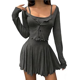 Women's 2 pc Set Ruffled Cami Dress with Long Sleeve Cardigan Party Mini Dress Outfit