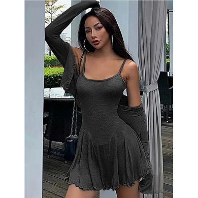 Women's 2-Piece Set Ruffled Cami Dress with Long Sleeve Cardigan Party Mini Dress Outfit