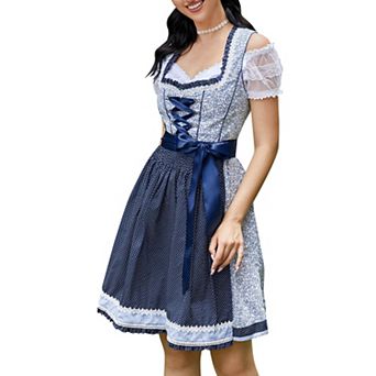 Women's 3 pc Floral Beer Maiden Set: Lace Trim Dirndl Ruffle Hem Apron Lace Crop Top