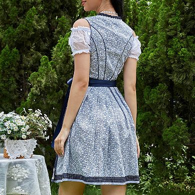 Women's 3-Piece Floral Beer Maiden Set: Lace Trim Dirndl Ruffle Hem Apron Lace Crop Top