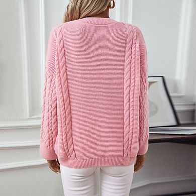 Women's Cable Knit Sweater Solid Color Pullover Long Sleeve Round Neck Casual Knit Top