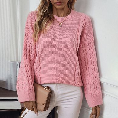 Women's Cable Knit Sweater Solid Color Pullover Long Sleeve Round Neck Casual Knit Top