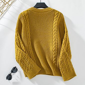 Women's Cable Knit Sweater Solid Color Pullover Long Sleeve Round Neck Casual Knit Top