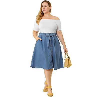 Women's Plus Size Skirt Tie Waist Button A Line Midi Denim Skirts