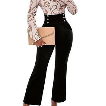 Women's High-Waisted Flared Pants Dressy Double-Row Button Casual Formal Trousers