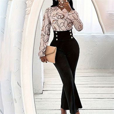 Women's High-Waisted Flared Pants Dressy Double-Row Button Casual Formal Trousers