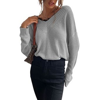 Women's Lace Trim V-Neck Sweater Loose Batwing Sleeve Knitted Pullover Top