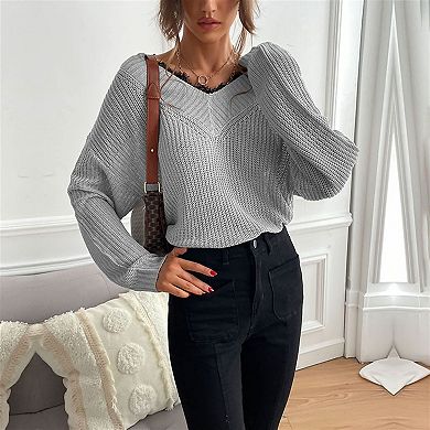 Women's Lace Trim V-Neck Sweater Loose Batwing Sleeve Knitted Pullover Top