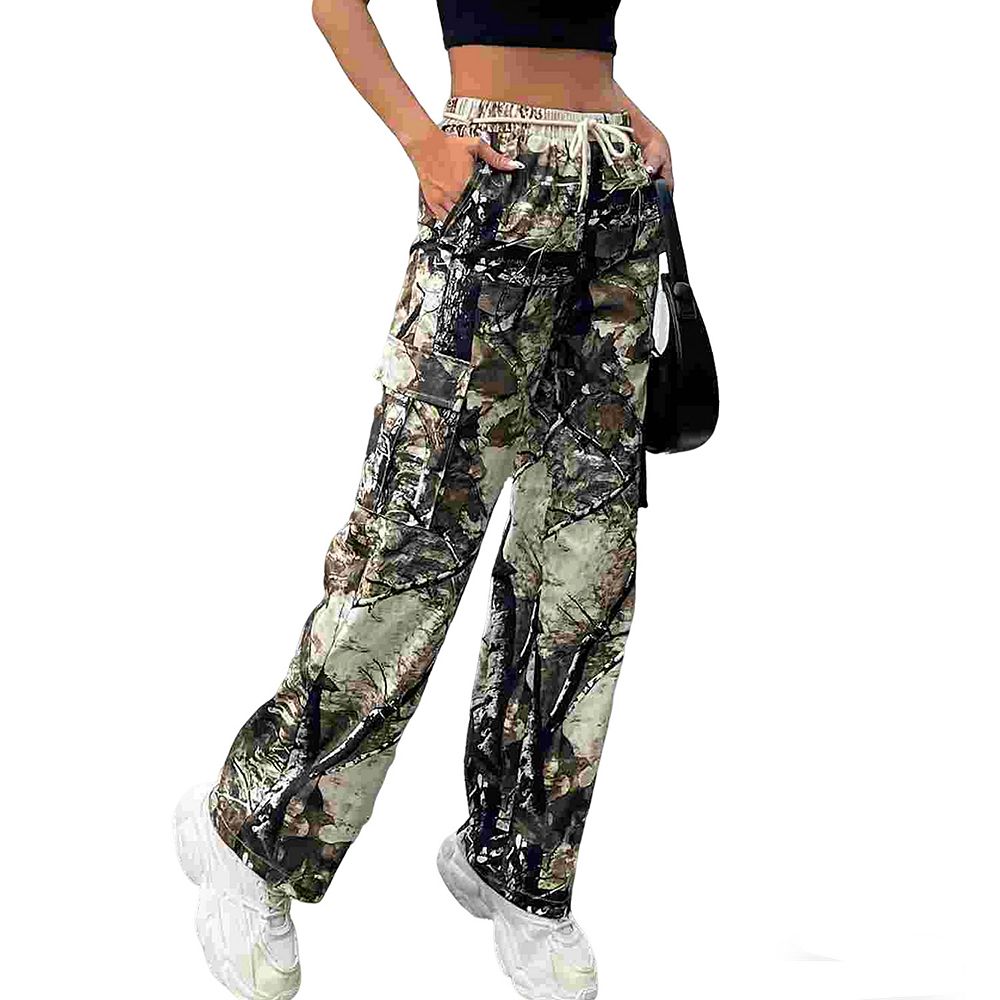Women's Camo Cargo Pants Drawstring Waist Wide-Leg Casual Utility