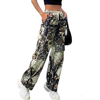 Women's Camo Cargo Pants Drawstring Waist Wide-Leg Casual Utility Pants