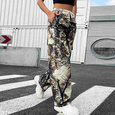 Women's Camo Cargo Pants Drawstring Waist Wide-Leg Casual Utility