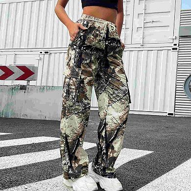 Women's Camo Cargo Pants Drawstring Waist Wide-Leg Casual Utility Pants