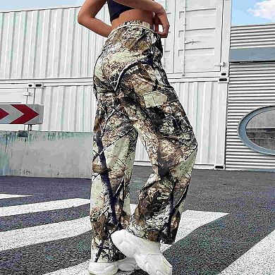 Women's Camo Cargo Pants Drawstring Waist Wide-Leg Casual Utility Pants