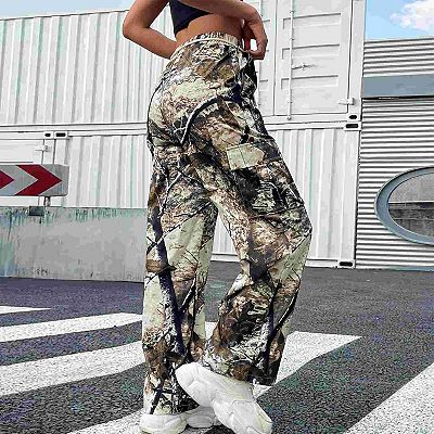 Women's Camo Cargo Pants Drawstring Waist Wide-Leg Casual Utility