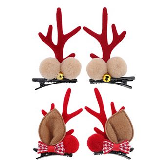 2 Pairs Antlers Hair Clips for Christmas with Hairball, Bow Tie or Bell
