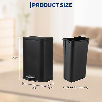 3.2 Gallon Stainless Steel Step-On Trash Can with Soft-Close Lid and Removable Bucket​