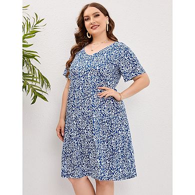 Womens Casual Dress Plus Size Dress Lantern Sleeve Ruffle Hem V Neck Loose Swing Tunic Dress