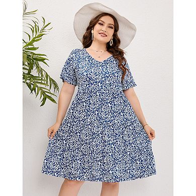 Womens Casual Dress Plus Size Dress Lantern Sleeve Ruffle Hem V Neck Loose Swing Tunic Dress