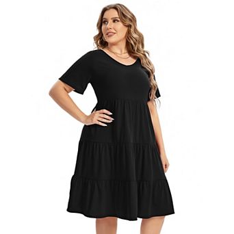 Womens Casual Dress Plus Size Dress Lantern Sleeve Ruffle Hem V Neck Loose Swing Tunic Dress