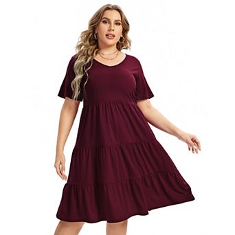 Womens Casual Dress Plus Size Dress Lantern Sleeve Ruffle Hem V Neck Loose Swing Tunic Dress