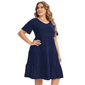 Womens Casual Dress Plus Size Dress Lantern Sleeve Ruffle Hem V Neck Loose Swing Tunic Dress