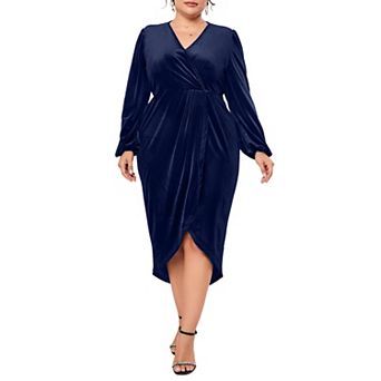 Plus Size Midi Dresses for Women V Neck Wrap Bodycon Lantern Long Sleeve Criss Cross Pleated Dress