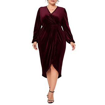Plus Size Midi Dresses for Women V Neck Wrap Bodycon Lantern Long Sleeve Criss Cross Pleated Dress