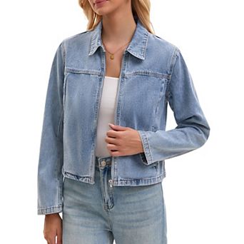 Women's Jean Jacket Long Sleeve Zip Up Collar Pockets Lightweight Denim Bomber Jackets