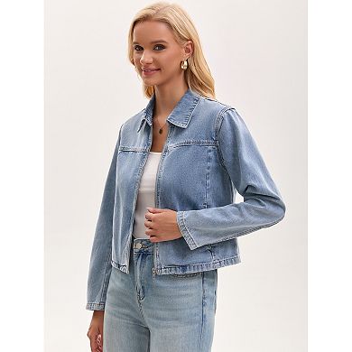 Women's Jean Jacket Long Sleeve Zip Up Collar Pockets Lightweight Denim Bomber Jackets