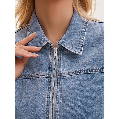 Women's Jean Jacket Long Sleeve Zip Up Collar Pockets Lightweight Denim Bomber Jackets
