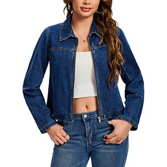 Women's Jean Jacket Long Sleeve Zip Up Collar Pockets Lightweight Denim Bomber Jackets