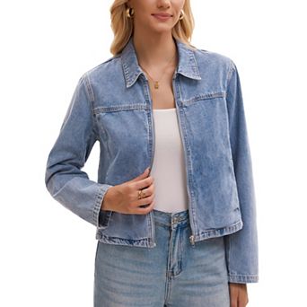 Women's Jean Jacket Long Sleeve Zip Up Collar Pockets Lightweight Denim Bomber Jackets