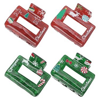 4 pc Christmas Hair Clips 1.97"x1.77"x1.77" Red Gingerbread Man&Elk Tree, Green Crutch&Elk Tree